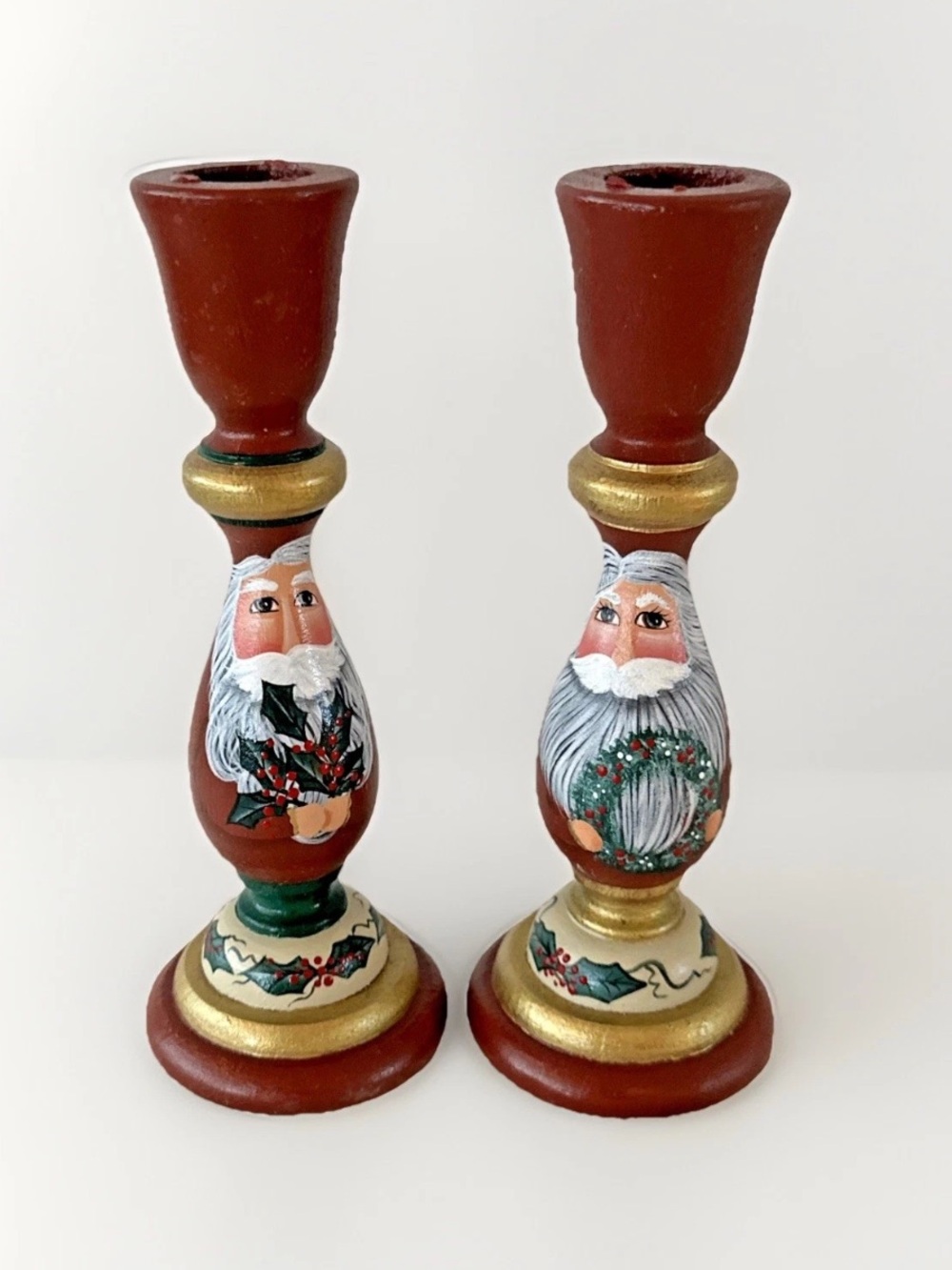 2 Hand Painted Santa Candle Stick Wood Turned Whimsical FOLK ART